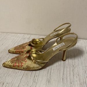 ISAAC metallic gold and pink/fuchsia brocade slingback shoes